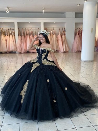 Off the Shoulder Court Train Black Quinceanera Dress With 3D Flowers