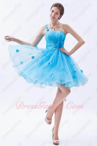 Clearance Single Right Shoulder Auqa Blue Organza Gathering Essentials Prom Dress