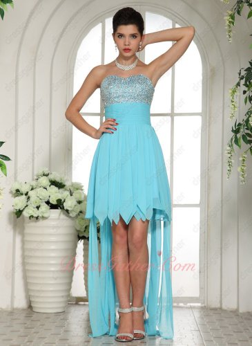 Chic Sweetheart Fully Beaded Aqua Blue Drinking Party Dress Hi-lo Asymmetrical Hemlines