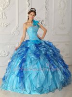 One Shoulder Aqua Blue Quinceanera Ball Gown Mingled With Royal Ruffles
