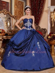 Promotion Navy Blue Puffy Floor Length Military Ball Gown With Embroidery
