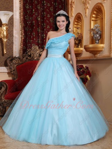 Trimed Princess A-line One Shoulder Baby Blue Evening Stage Choreography Ball Gown