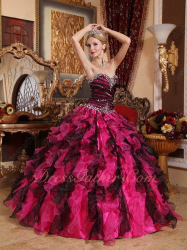 Black and Hot Pink Mixed Thickset Ruffles Good Looking Quinceanera Ball Gown Female