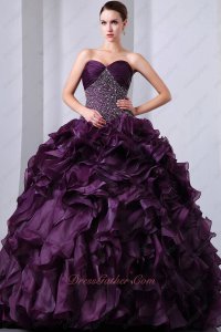 Grape Purple Ruffles Beadwork Dropped Waist Bodice Quinceanera Dresses Gowns Military