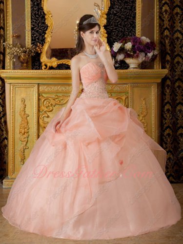Springtime Peach Organza Ball Gown Ready Wear to Quinceanera Party Embroidery