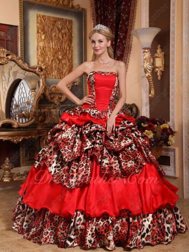 Unique Printed Deer Leopard Fabric and Red Quinceanera Ball Gown Winter
