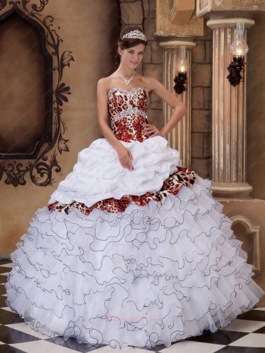 White With Leopard Cascade Skirt Quinceanera Dress With Taffeta Overlay Cover
