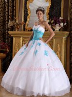 Princess Sweetheart Pure White Organza Quinceanera Dress With Aqua Blue Applique