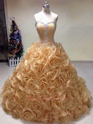 Curly Ruffles Edging Shiny Gold Organza Skirt Fair Quinceanera Ball Gown Pretty
