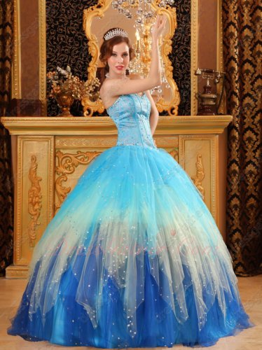 Aqua Blue/Champagne/Royal Blue Three Layers Contrast Design Quinceanera Ball Gown