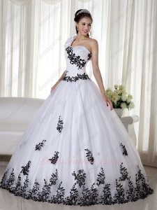 One Shoulder White Mesh Quinceanera Party Ball Gown With Black Leaves Embroidery