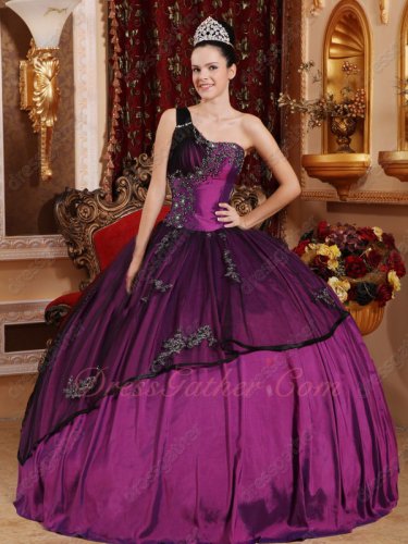 Cheap Quince Ball Gown Bright Mauve Purple Taffeta With Black Tulle Overlay