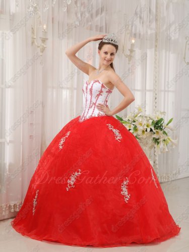 V-Shaped Waist Basque Appliques Styles For Quince Ball Gown White Bodice/Red Skirt