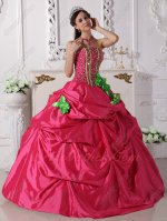 Cheap Quince Gown Deep Hot Pink Beaded Bodice With Spring Green Lines/Handwork Flowers