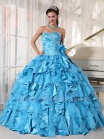 Beautiful Aqua Blue Organza and Silk Like Satin Mixed Ruffles Skirt Quince Ball Gown