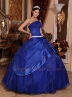Sapphire Blue Puffy Skirt Organza Overlay Quinceanera Dress Single One Shoulder