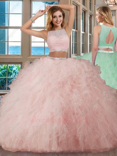 Pink Dense Tulle Ruffles Quinceanera Gown Two Pieces Top and Bottom Parted Show Waist