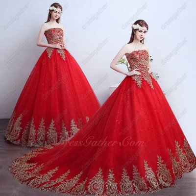 2022 Pretty Red Quinceanera Ball Gown Train Has Gold Pineapple Appliques Wave Hemline