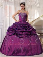 Archaic Dark Purple Quinceanera Season Dress Half Bubble and Flat Embroidery Skirt