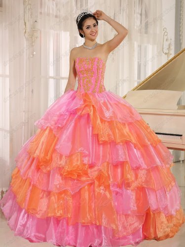 Rose Pink/Orange Alternant Crossed Organza Layers Military Lady Ball Gown Colorful