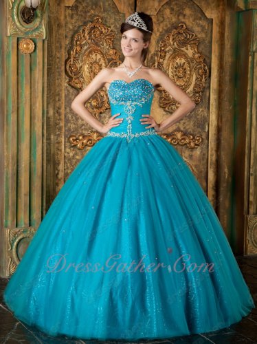 Teal Blue Flat Layers Mesh Quinceanera Gown Boutique Twinkling Sequin Lining