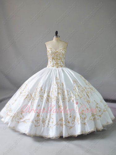 Pretty Plain Thick Satin White With Gold Embroidery Western Quinceanera Girls Ball Gown