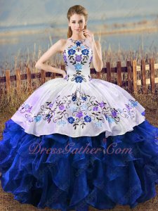 Sheer Scoop White Blouse/Overlay Royal Blue Ruffles and Embroidery Western Ball Gown