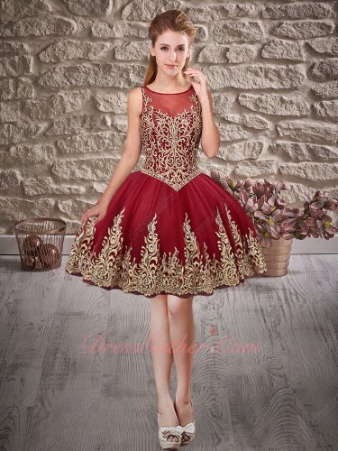 Top Seller Knee Length Short Quinceanera Prom Gown Wine Red With Golden Embroidery