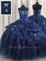 Navy Blue Organza Appliques Bubble Puffy Military Ball Gown Outdoor Banquet