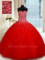 Dropped Waistline Scarlet Concert Proscenium Ball Gown Fully Twinkling Silver Beadwork