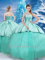 Mint Green Overlay Satin and Tulle Quinceanera Party Ball Gown With Detachable Cloak