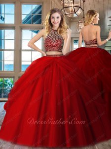 High Collar Rhombus Beadwork Blouse Pick-up Overlay Red Quinceanera Dress Two Pieces