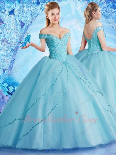 Off Shoulder Ice Blue Mesh Ball Gown For Quinceanera Birthday Ceremony Boutique