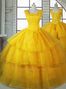 Square Beauty and The Beast Theme Quinceanera Ball Gown Three Layers Organza and Sequin