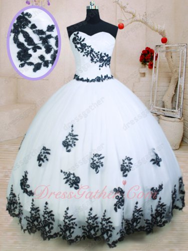 Princess Quinceanera Celebrity Pageant Ball Gown White With Black Applique Details