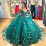 Beautiful Deep Green 3D Flowers Adorned Quinceanera Dress With Detachable Cape