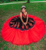 V Shaped Neckline Black and Red Mexican Quinceanera Dress With 3D Rose Flowers