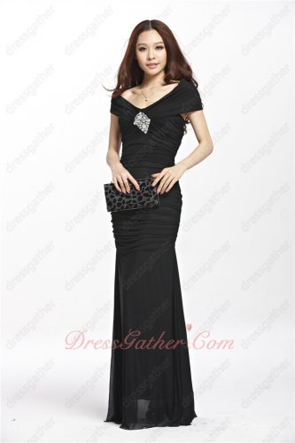 Portrait V-Neck Black Elastic Chiffon Shirred Night Club Dress Back Cut Out