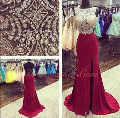 Fully Transparent Beading Bodice Cherry Red Elastic Spandex Split Gown Cut-Out Back