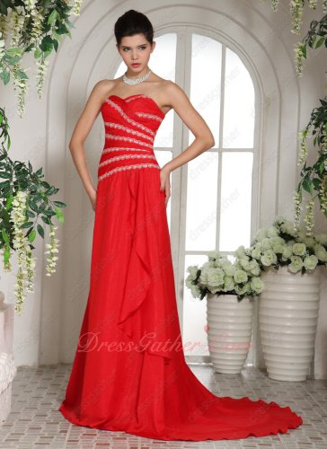 Radial Lacework Beaded Strips Red Chiffon Formal Prom Dress Wholesale Custom Made