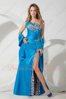 Feather Adorn Azure Blue Carnival Evening Cocktail Gowns Leopard Lining Inside