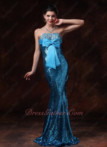 Sparkling Aqua Blue Paillette Bowknot Decorate Mermaid Prom Gowns Package Hips