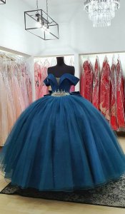 Simple Peacock Blue Lapel V Neck AB Crystals Quinceanera Dress With Detachable Bow