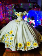 Sunflowers Pattern Embroidery Charro Quince Anos Vestido Sweet 15 Dress Off Shoulder