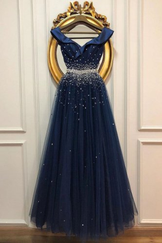 Attractive Off Shoulder Flouncing Neck Navy Blue Annual Meeting Evening Gown