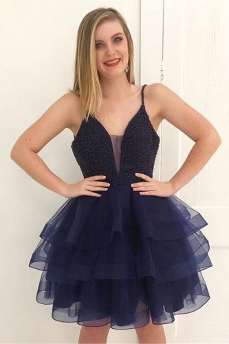 Tiered Horsehair Edging 3 Layers Skirt Beaded Cocktail Dress Navy Blue