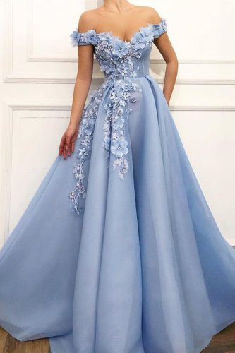 Off Shoulder Baby Blue Pleats Skirt Formal Prom Dress With 3D Flowers