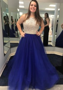 Designer Beading Bodice Champagne Top and Royal Blue Tulle Skirt Formal Prom Dress Discount