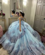 Applique Lace Decorated Bahama Blue Quinceanera Dress With Keyhole Back