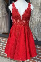 Pretty Sheer Bodice V Neckline Red Cocktail Dress Lace With Applique
